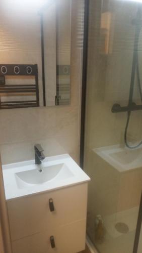 La salle de bains est pourvue d'un lavabo blanc et d'une douche. dans l'établissement Bolquere P2000 by Marie&Rafael, à Bolquère-Pyrénées 2000