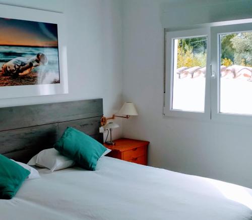 ein Schlafzimmer mit einem Bett und zwei Fenstern in der Unterkunft Tottam Art & Healthy Garden in Málaga