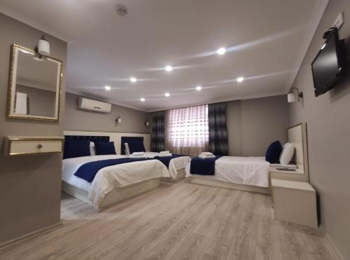 イスタンブールにあるFamily Istanbul Hotelのベッド2台と鏡が備わるホテルルームです。