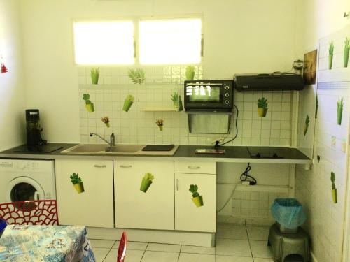 a small kitchen with a sink and a microwave at Maison d'une chambre avec wifi a Pointe a Pitre in Pointe-à-Pitre