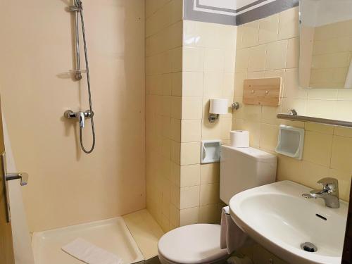 a bathroom with a toilet and a sink and a shower at Glacier Rock guesthouse ex Pension Dangl in Solda