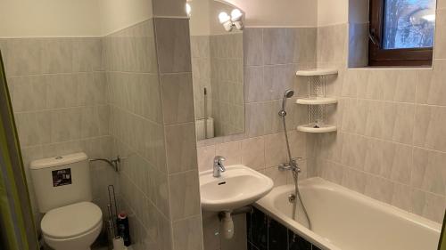 a bathroom with a toilet and a sink and a tub at Penzion Hedvika in Kravaře