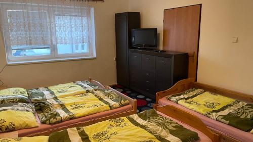 a room with two beds and a tv on a cabinet at Penzion Hedvika in Kravaře