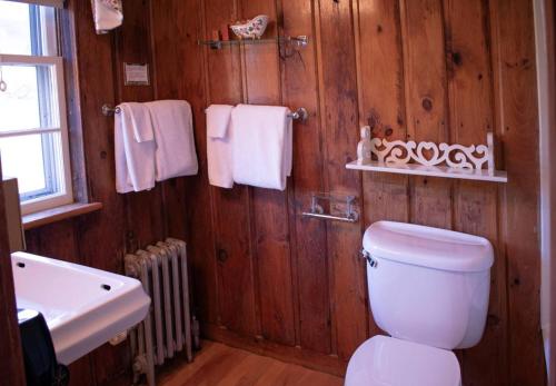 a bathroom with a toilet and a sink and towels at Franconia Inn in Franconia