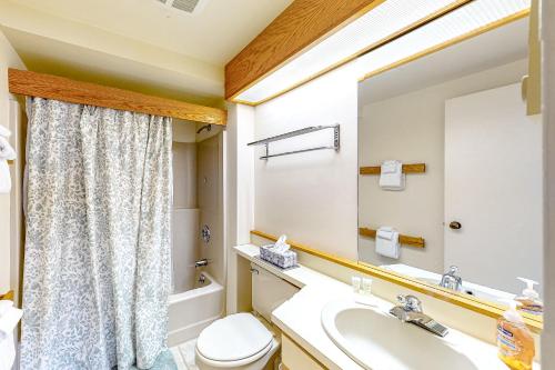 ein Badezimmer mit einem Waschbecken, einem WC und einem Spiegel in der Unterkunft Glades 13 in Warren