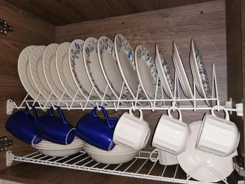 a bunch of plates and bowls on a shelf at Hostal Colombian Gold in San Gil