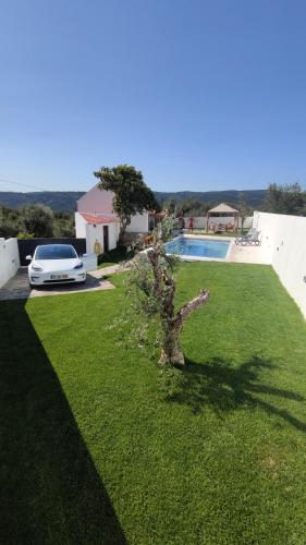 a car parked next to a lawn with a tree at Pomar das Oliveiras - Private Swimming pool - Free EV Chrg - Pet Friendly in Carvalhal Cimeiro