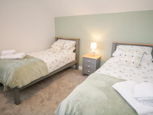 a bedroom with two beds and a night stand at 14 Parc Delfryn in Brynteg
