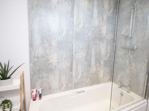 a bathroom with a shower and a bathtub with a glass door at 14 Parc Delfryn in Brynteg