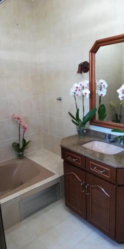 a bathroom with a sink and a tub and a mirror at Casa grande com piscina e churrasqueira in Florianópolis