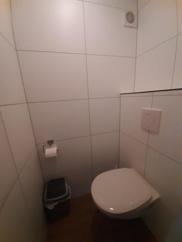 a white bathroom with a toilet and a trash can at De Weitens Valkenswaard in Valkenswaard