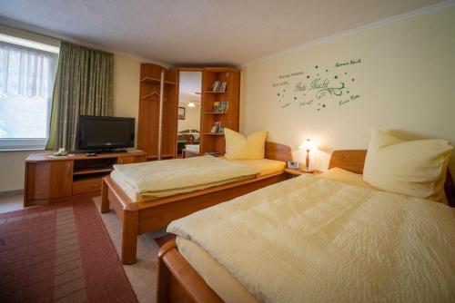 a hotel room with two beds and a flat screen tv at Ferienwohnung-Kopprasch in Dresden