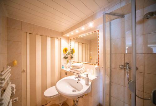 a bathroom with a sink and a shower at Ferienwohnung-Kopprasch in Dresden