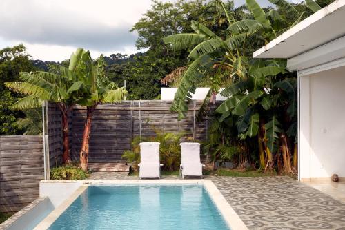 a swimming pool with two chairs in a backyard at Savane Paille in Deshaies