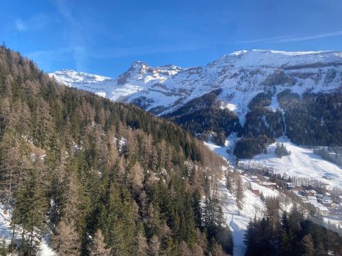 a mountain with trees and snow on it at Hotel Regina Terme in Leukerbad