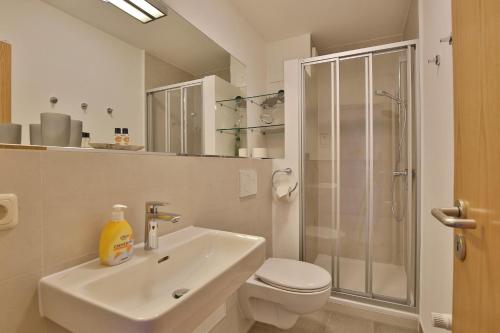 een badkamer met een toilet, een wastafel en een douche bij Haus Windrose Windrose Appartement 3 in Scharbeutz