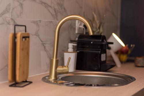 a kitchen sink with a gold faucet and a microwave at Le Photographe Cosy Douai centre in Douai