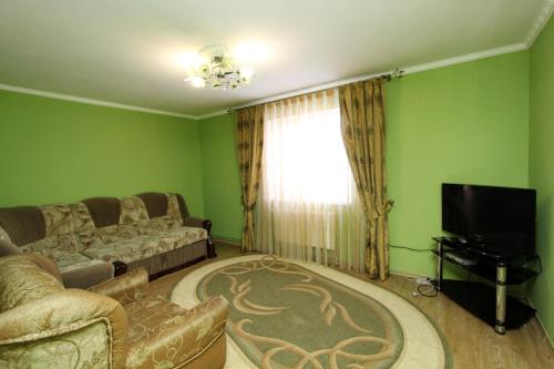a living room with green walls and a couch and a television at Cottage "Kliverent" in Yaremche