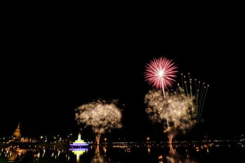 two trees with fireworks in the water at night at Toon Guesthouse in Sukhothai