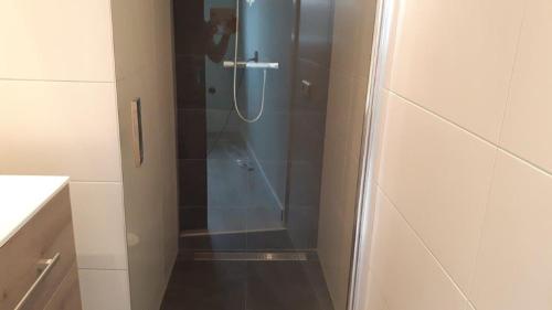 a shower with a glass door in a bathroom at 2 persoons zon en zee in Westkapelle