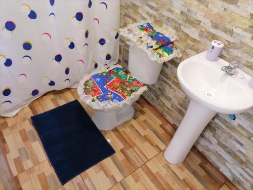 La salle de bains est pourvue de toilettes et d'un lavabo. dans l'établissement Agroturismo Santa Carolina, à Melipeuco