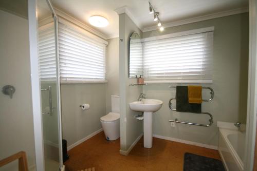 a bathroom with a sink and a toilet and a shower at Kingwell Cottage - New Plymouth Holiday Home in New Plymouth