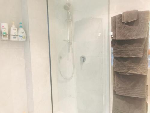 baño con ducha y puerta de cristal en Beach Lodge en Auckland