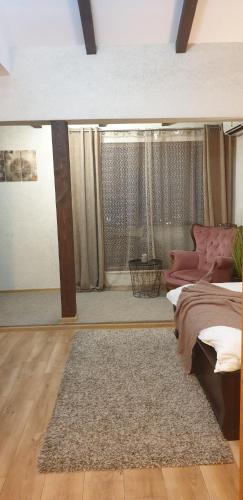a bedroom with a bed and a rug at Hanu lu Mos Opinca in Deva