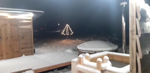 a room with a christmas tree in the snow at OSADA POD LASEM in Andrychów
