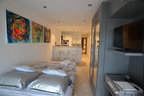 une chambre avec un lit et une cuisine avec une télévision dans l'établissement Studio Naturiste 