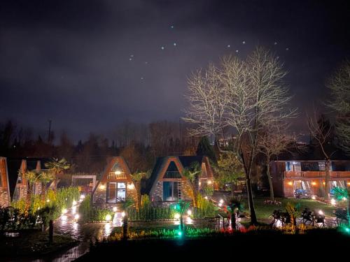 a group of houses lit up at night at SAPANCA KIYI BUNGALOV&CAFE in Sakarya