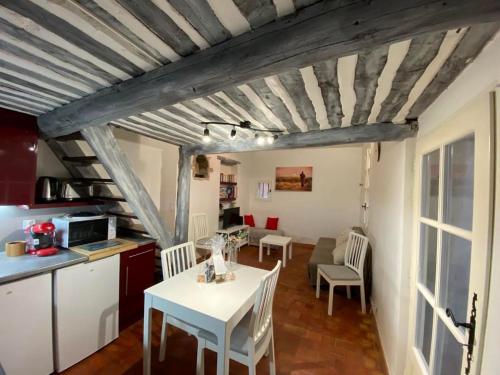 a kitchen and living room with a table and chairs at Studio cosy dans le centre-ville historique in LʼIsle-sur-la-Sorgue