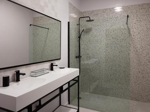 une salle de bain avec une douche, un lavabo et un miroir dans l'établissement La Petite Histoire gîtes-appartements, à Ath