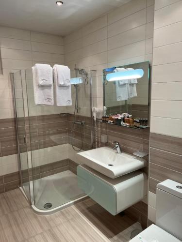ein Badezimmer mit Dusche, Waschbecken und Toilette in der Unterkunft Хотелски комплекс Белият кон in Targowischte