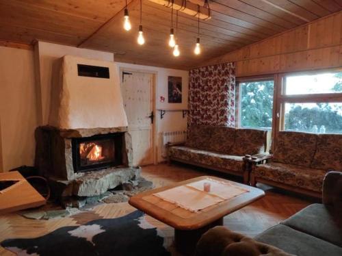 a living room with a fireplace and a couch at Chałpa na skarpie in Meszna