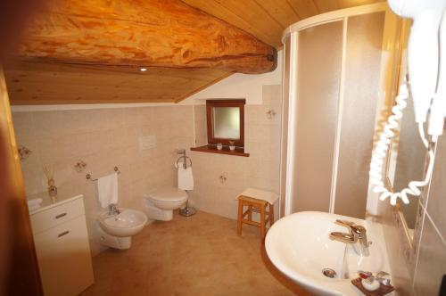 a bathroom with a toilet a sink and a bathtub at Hotel Aiguille Noire in Courmayeur