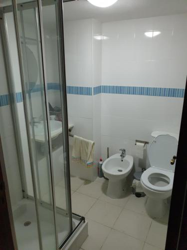 Un baño con inodoro y ducha de cristal. en Casa do Rio 1, en Janeiro de Baixo
