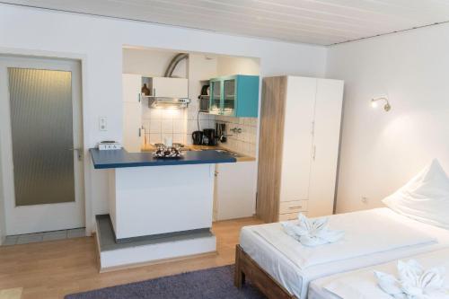 Kleines Zimmer mit einer Küche und einem Bett. in der Unterkunft Apart. 2.OG Nr2 in Darmstadt