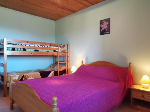 1 dormitorio con 1 cama morada y 1 litera en Gîte Les Estables, 3 pièces, 6 personnes - FR-1-582-148, en Les Estables