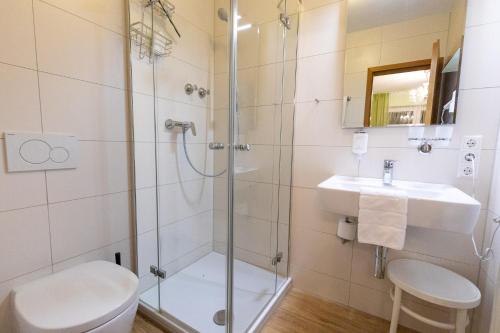 a bathroom with a shower and a sink at Hotel Restaurant Grüner Baum und Altes Tor in Bad Waldsee