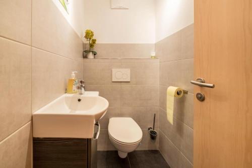 a small bathroom with a sink and a toilet at Wieseneck I - Apartment in Fügen in Fügen