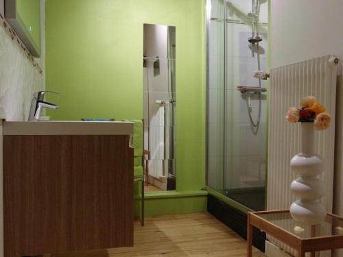y baño con ducha y lavabo con ducha acristalada. en Gîte Saint-Privat-du-Dragon, 4 pièces, 6 personnes - FR-1-582-31 en Saint-Privat-du-Dragon