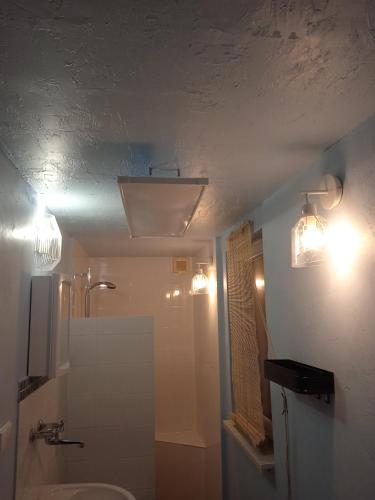 a bathroom with a sink and lights on the ceiling at Willa Bawarczyk in Istebna
