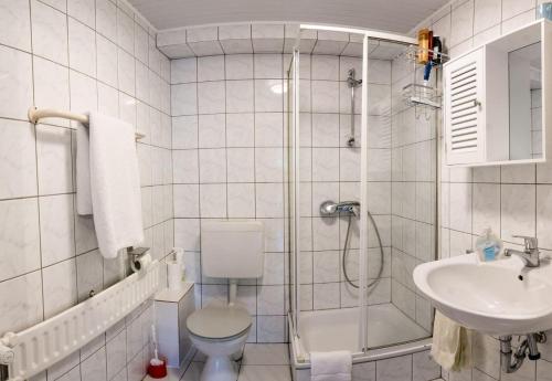 La salle de bains est pourvue d'une douche, de toilettes et d'un lavabo. dans l'établissement Apartment-EG-08, à Darmstadt