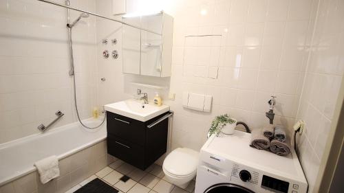 a bathroom with a sink and a toilet and a shower at Ruhe im Zentrum Privatparkplatz&Panorama-Erker in Würzburg