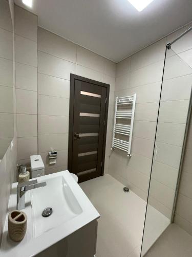 a bathroom with a sink and a glass shower at Merci Apartament 1,0 in Sibiu