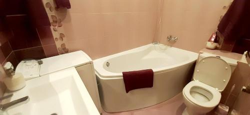 a bathroom with a tub and a toilet and a sink at Квартира в центрі Тернополя in Ternopilʼ