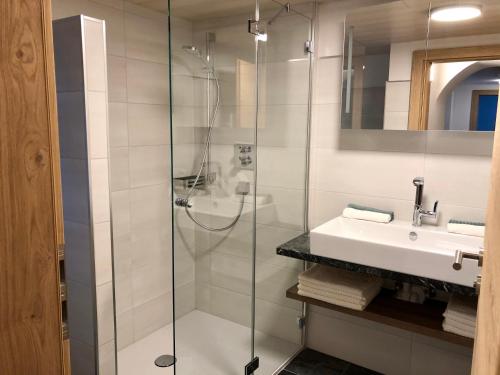 La salle de bains est pourvue d'une douche en verre et d'un lavabo. dans l'établissement Hanna`s Home, à Innsbruck