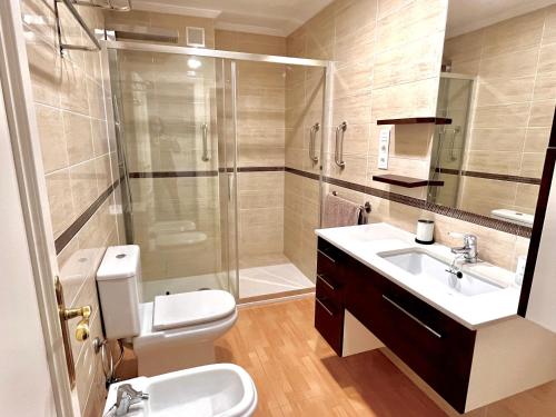 a bathroom with a shower and a toilet and a sink at Espacios Blanco Plaza Mayor - Con vistas. in Valladolid