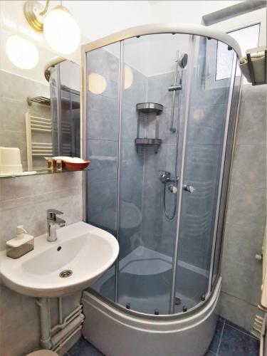a bathroom with a shower and a sink at Casa Bunicilor Sinaia in Sinaia